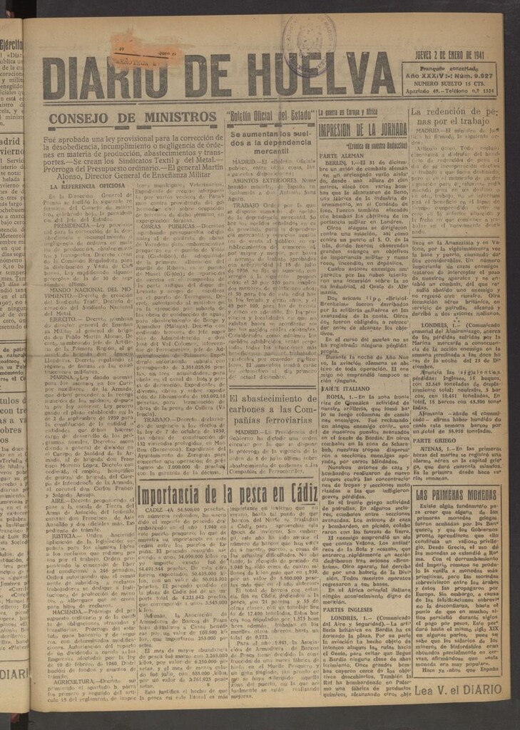 Miniatura de Diario de Huelva : periódico independiente del 2 de enero de 1941