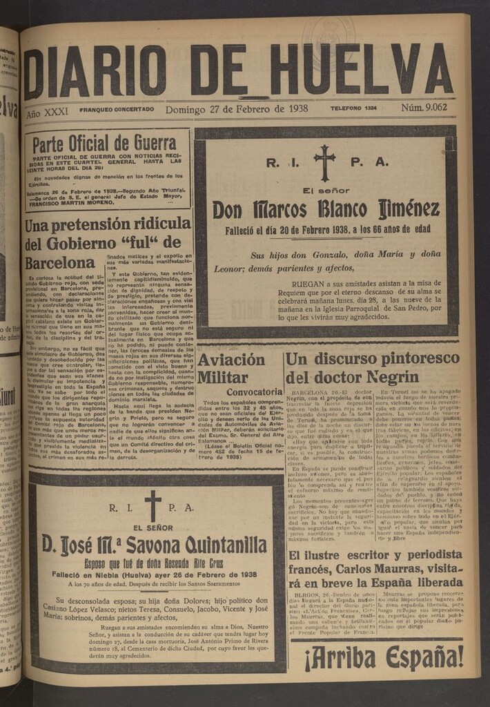 Miniatura de Diario de Huelva : periódico independiente del 27 de febrero de 1938