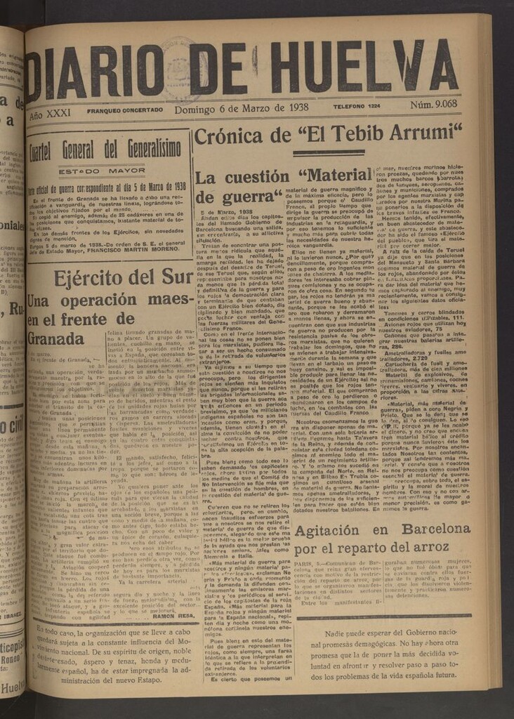 Miniatura de Diario de Huelva : periódico independiente del 6 de marzo de 1938