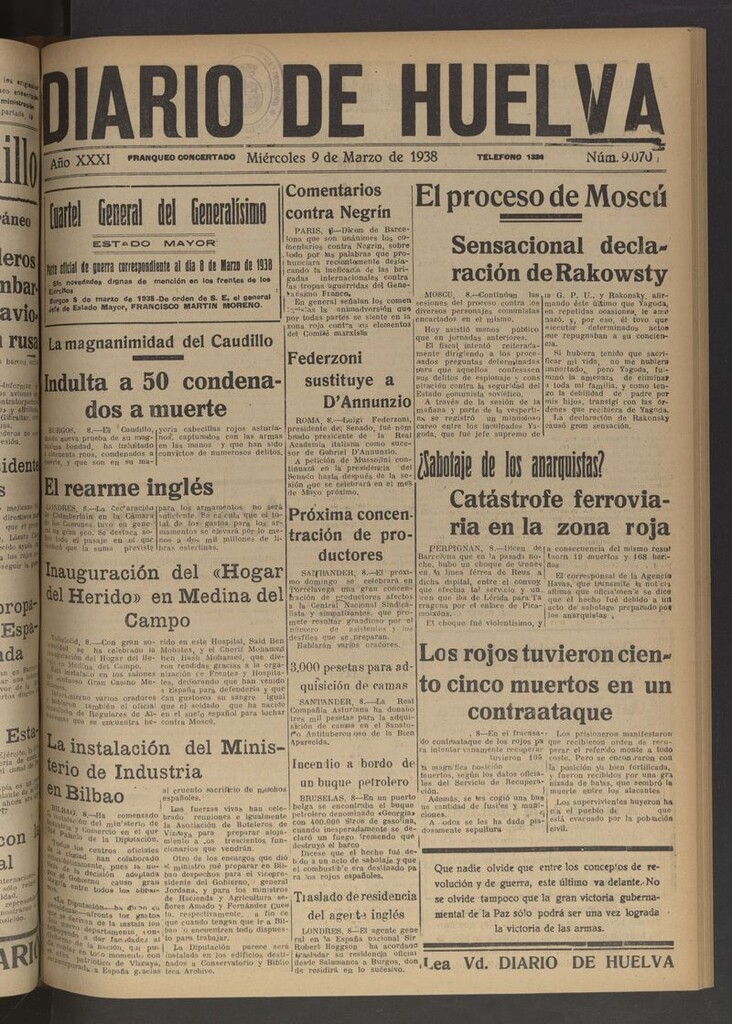 Miniatura de Diario de Huelva : periódico independiente del 9 de marzo de 1938