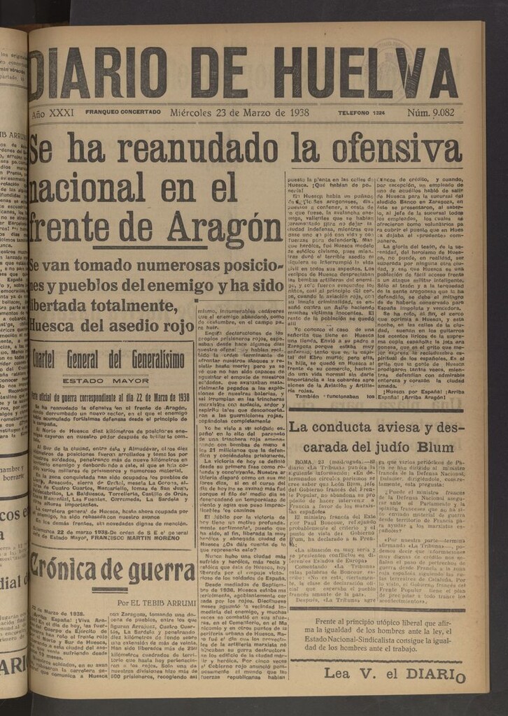 Miniatura de Diario de Huelva : periódico independiente del 23 de marzo de 1938