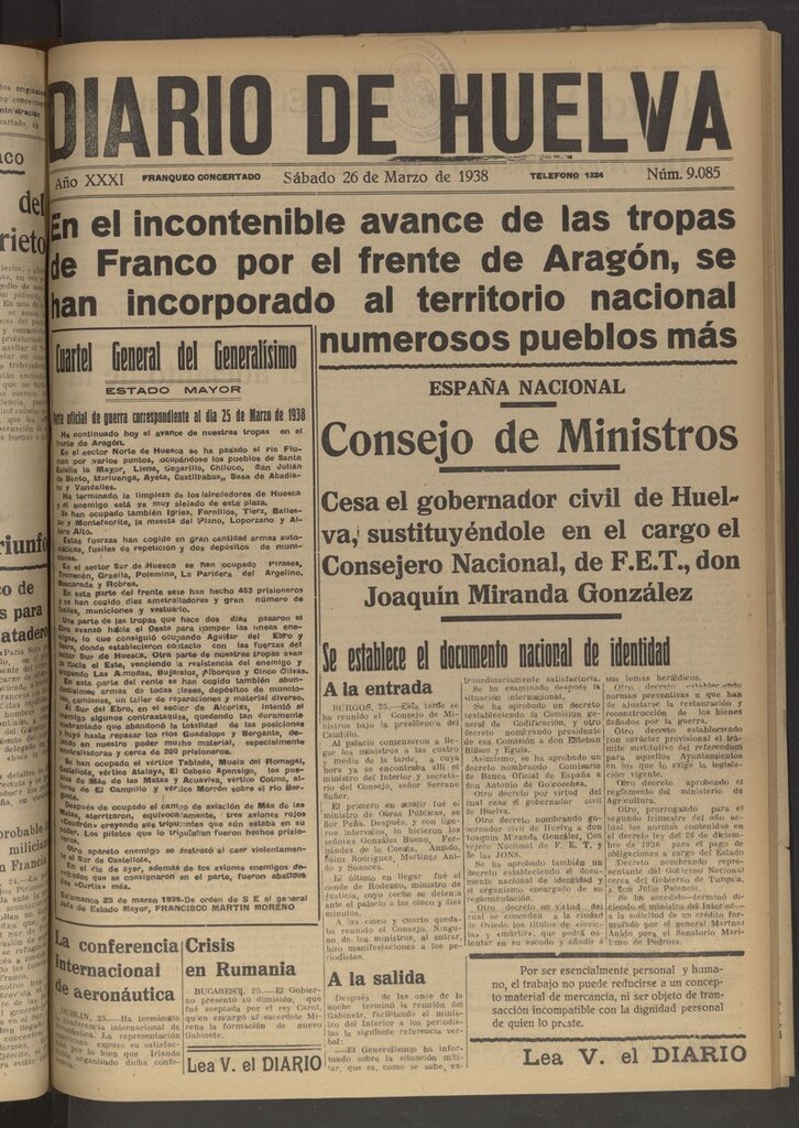 Miniatura de Diario de Huelva : periódico independiente del 26 de marzo de 1938