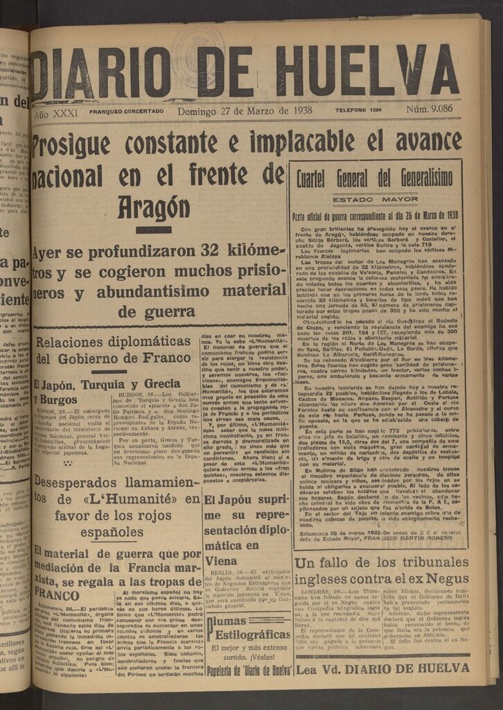 Miniatura de Diario de Huelva : periódico independiente del 27 de marzo de 1938
