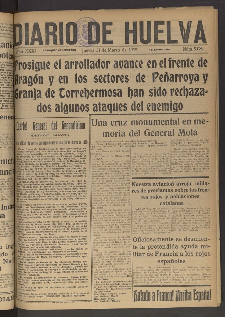 Miniatura de Diario de Huelva : periódico independiente del 31 de marzo de 1938