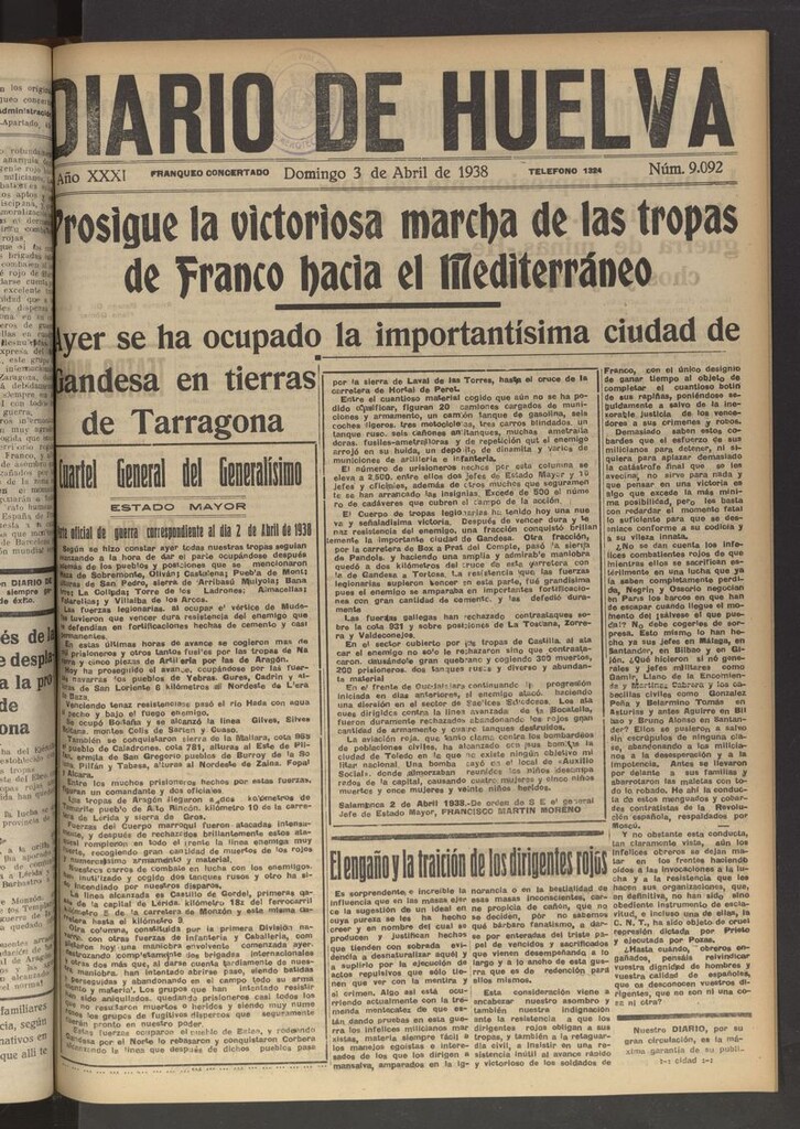 Miniatura de Diario de Huelva : periódico independiente del 3 de abril de 1938
