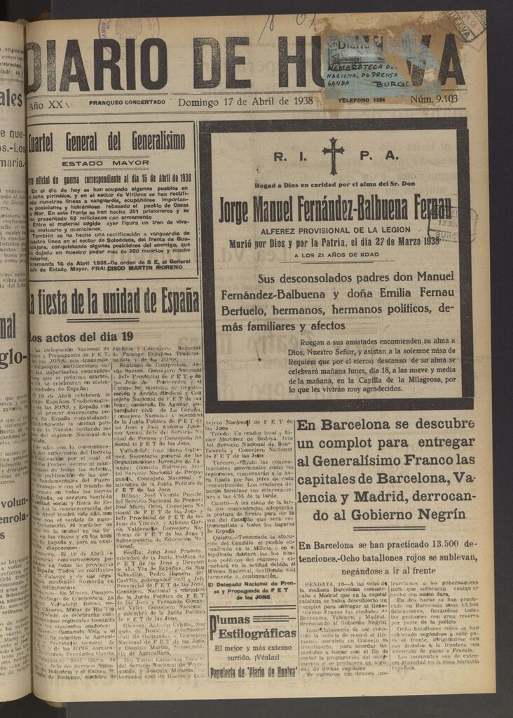 Miniatura de Diario de Huelva : periódico independiente del 17 de abril de 1938