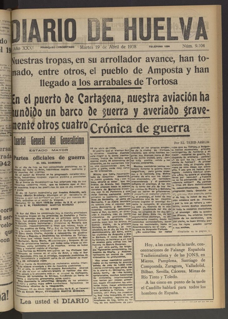Miniatura de Diario de Huelva : periódico independiente del 19 de abril de 1938