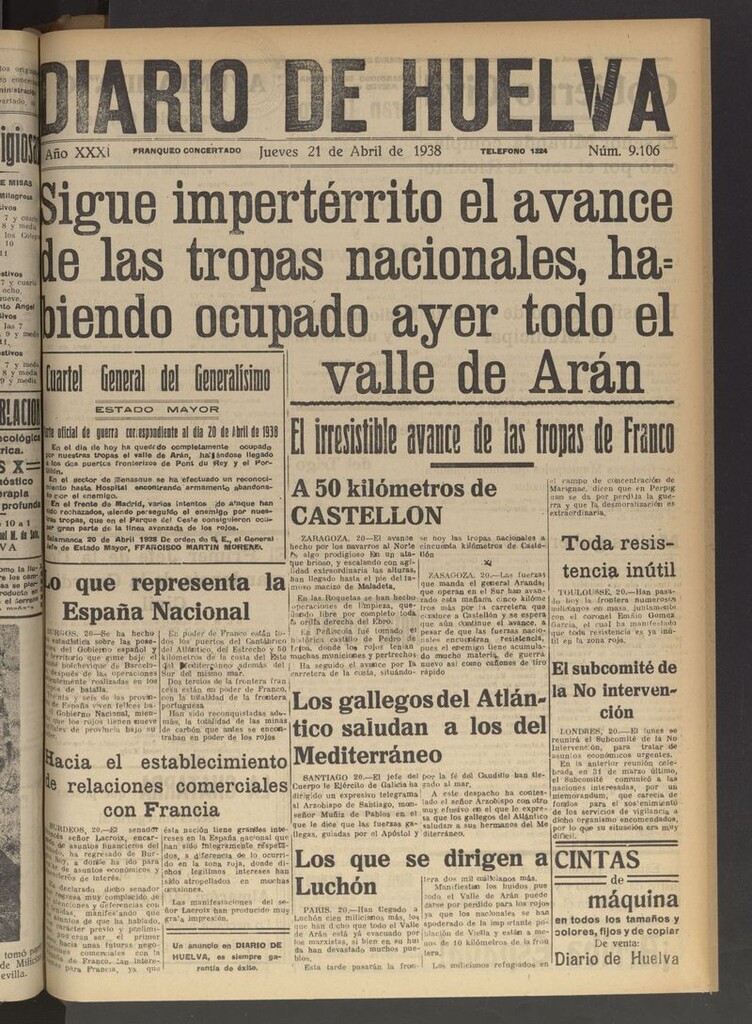 Miniatura de Diario de Huelva : periódico independiente del 21 de abril de 1938