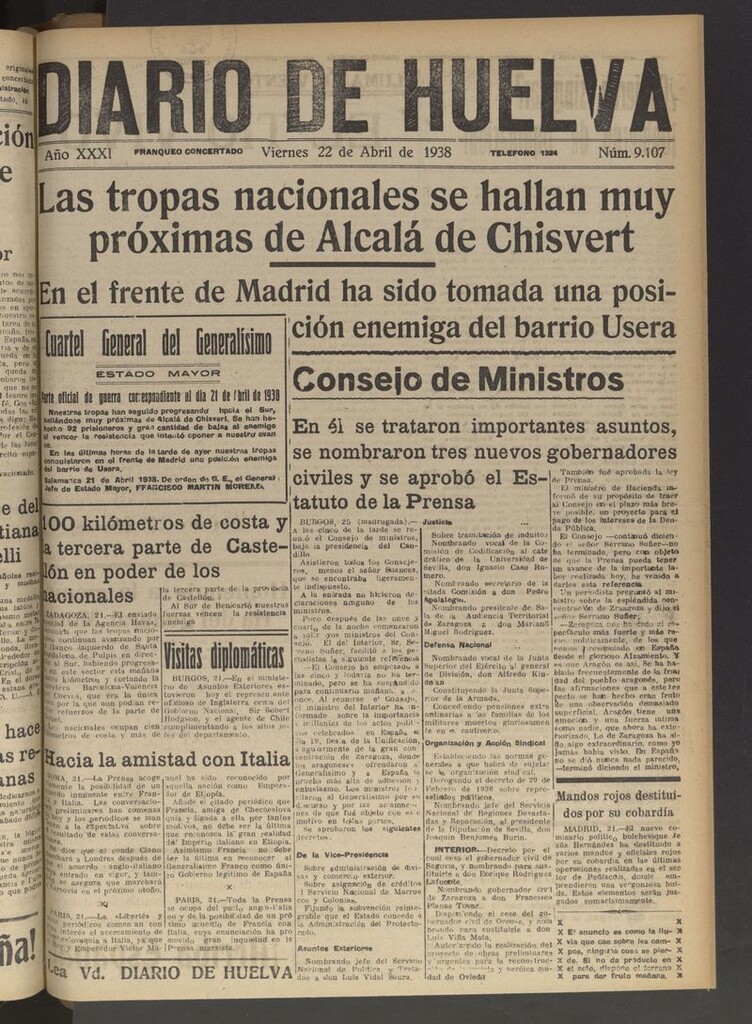 Miniatura de Diario de Huelva : periódico independiente del 22 de abril de 1938