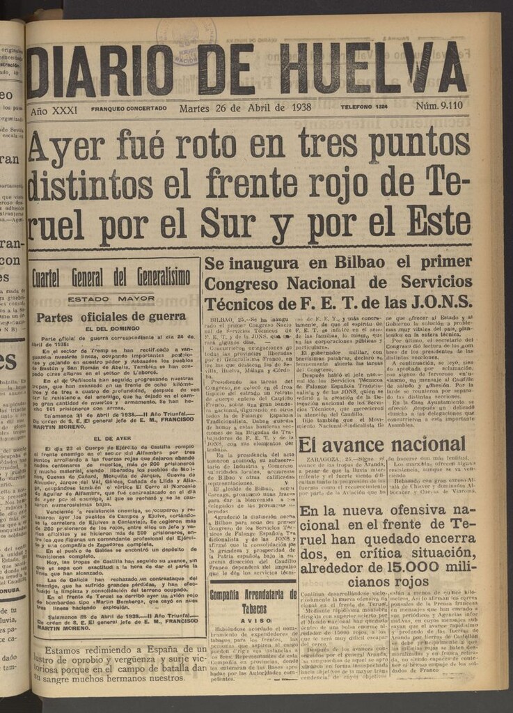 Miniatura de Diario de Huelva : periódico independiente del 26 de abril de 1938