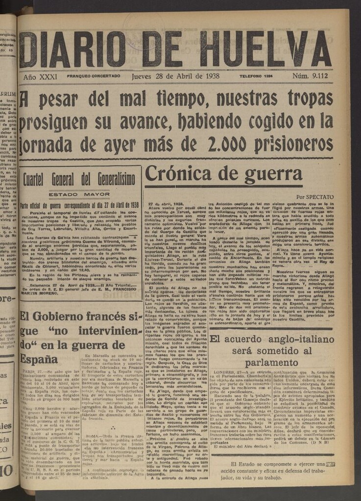 Miniatura de Diario de Huelva : periódico independiente del 28 de abril de 1938