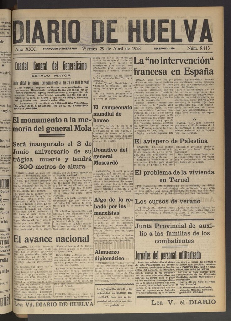 Miniatura de Diario de Huelva : periódico independiente del 29 de abril de 1938