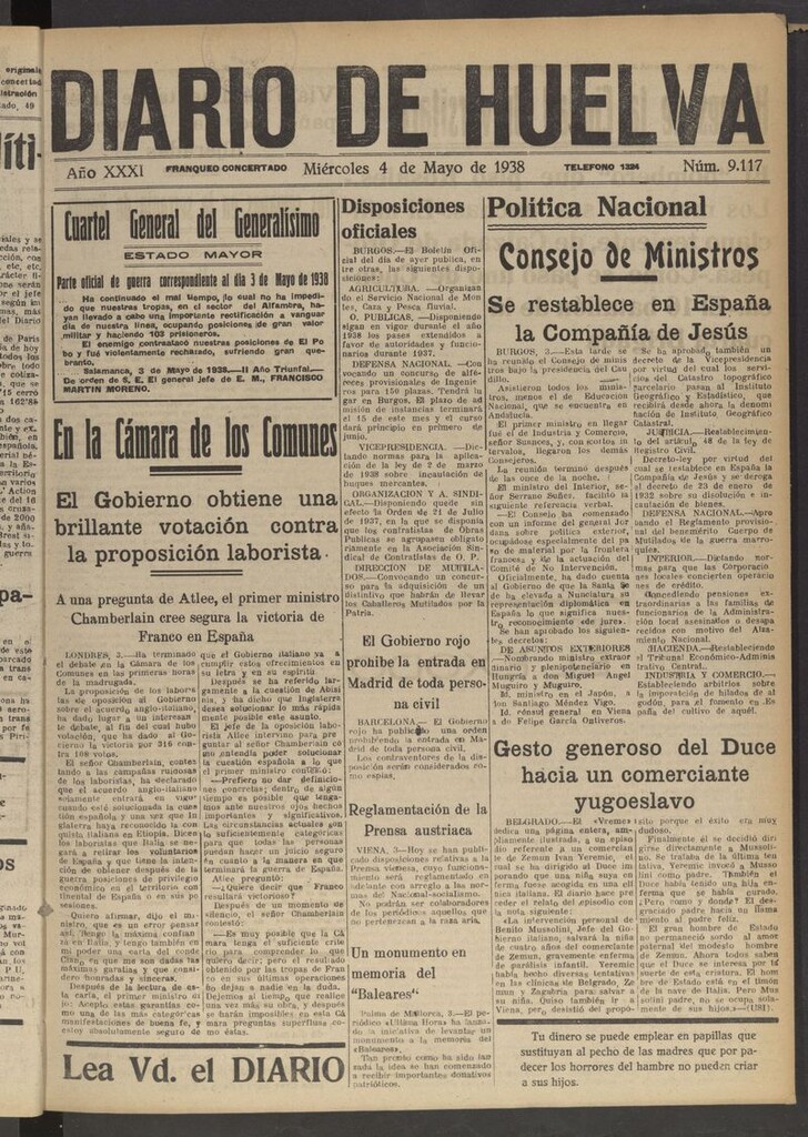 Miniatura de Diario de Huelva : periódico independiente del 4 de mayo de 1938