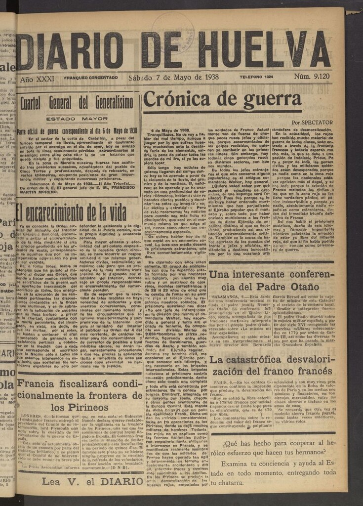 Miniatura de Diario de Huelva : periódico independiente del 7 de mayo de 1938