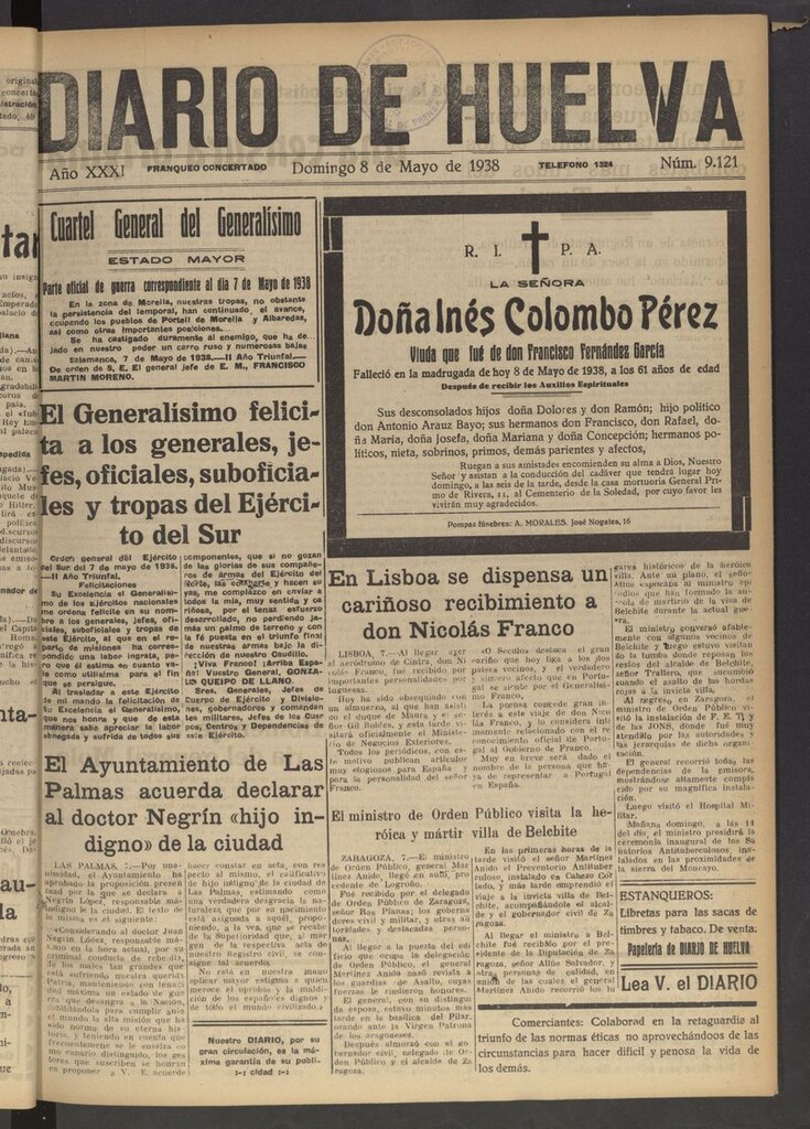 Miniatura de Diario de Huelva : periódico independiente del 8 de mayo de 1938