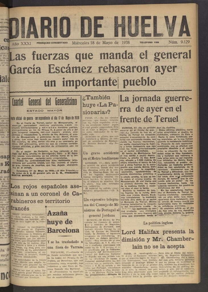 Miniatura de Diario de Huelva : periódico independiente del 18 de mayo de 1938