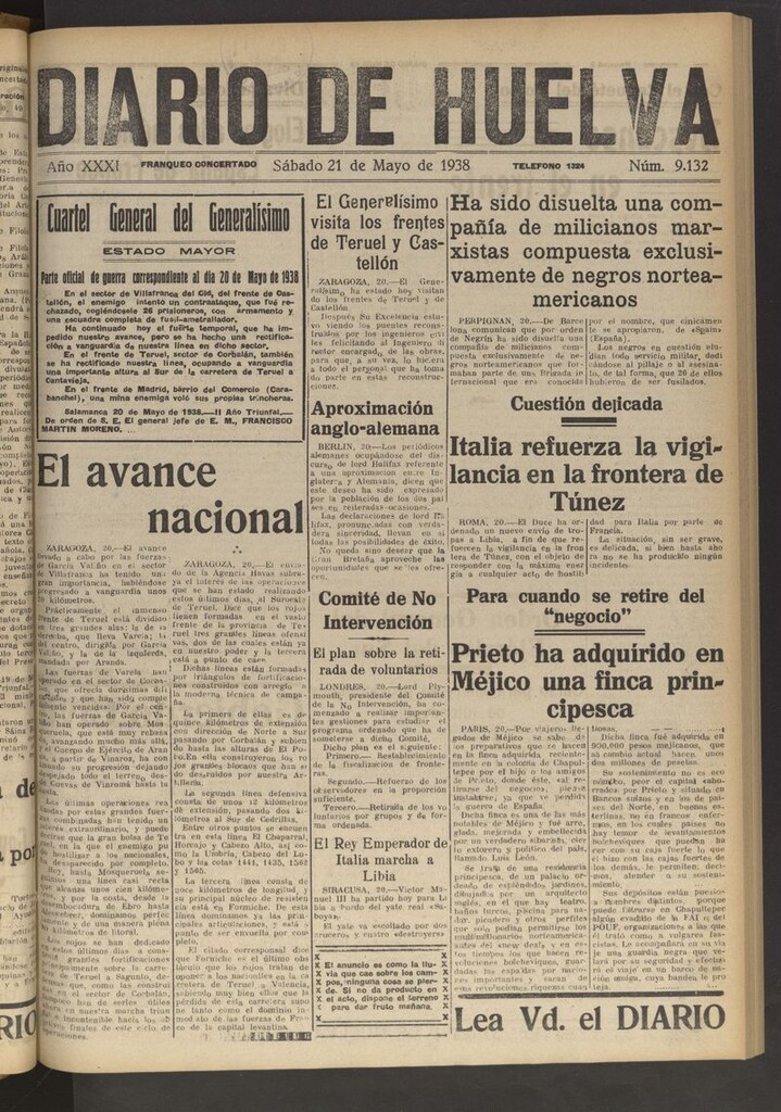 Miniatura de Diario de Huelva : periódico independiente del 21 de mayo de 1938