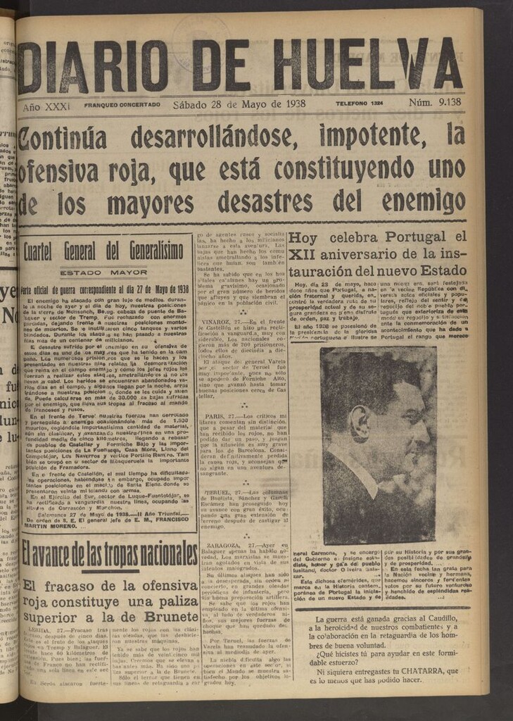 Miniatura de Diario de Huelva : periódico independiente del 28 de mayo de 1938