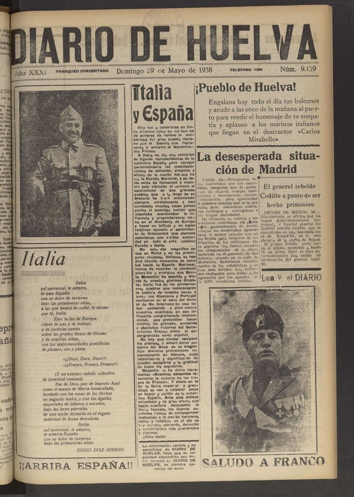 Miniatura de Diario de Huelva : periódico independiente del 29 de mayo de 1938