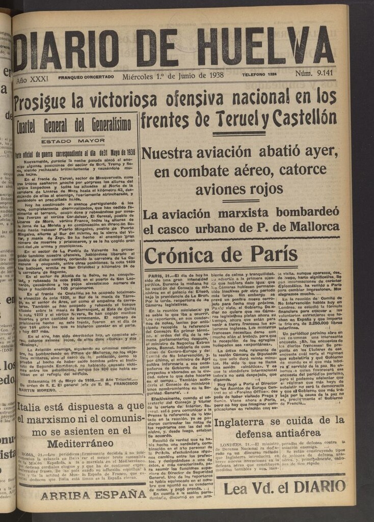 Miniatura de Diario de Huelva : periódico independiente del 1 de junio de 1938