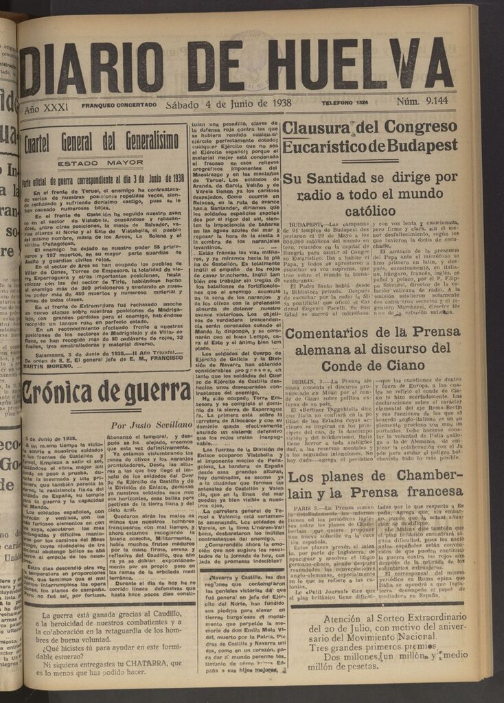 Miniatura de Diario de Huelva : periódico independiente del 4 de junio de 1938