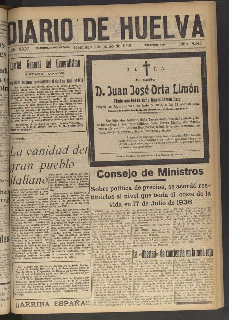 Miniatura de Diario de Huelva : periódico independiente del 5 de junio de 1938