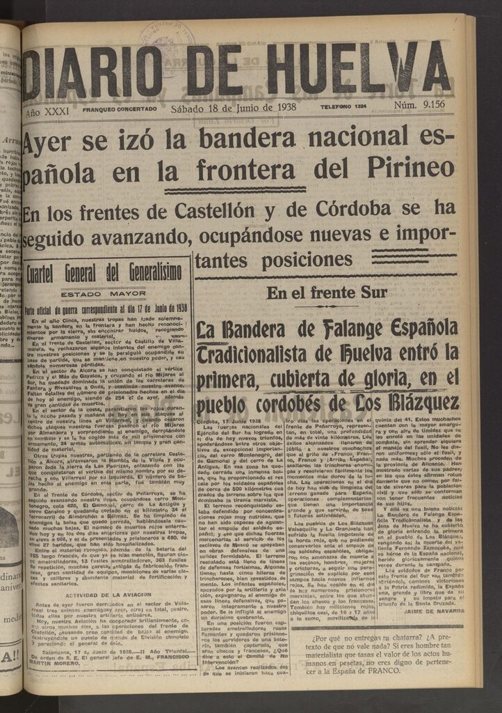 Miniatura de Diario de Huelva : periódico independiente del 18 de junio de 1938