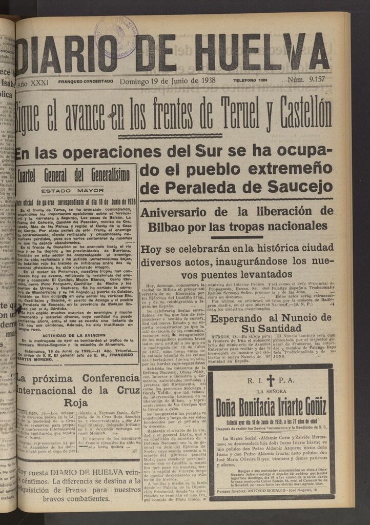 Miniatura de Diario de Huelva : periódico independiente del 19 de junio de 1938