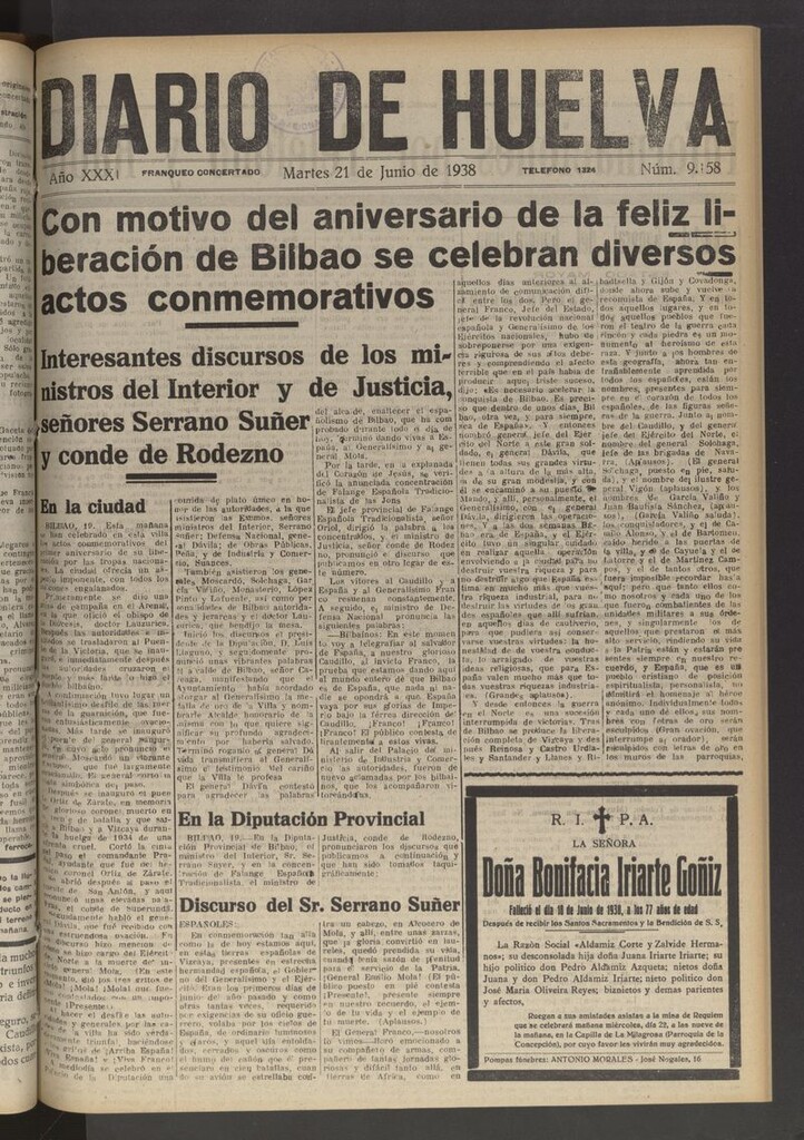 Miniatura de Diario de Huelva : periódico independiente del 21 de junio de 1938