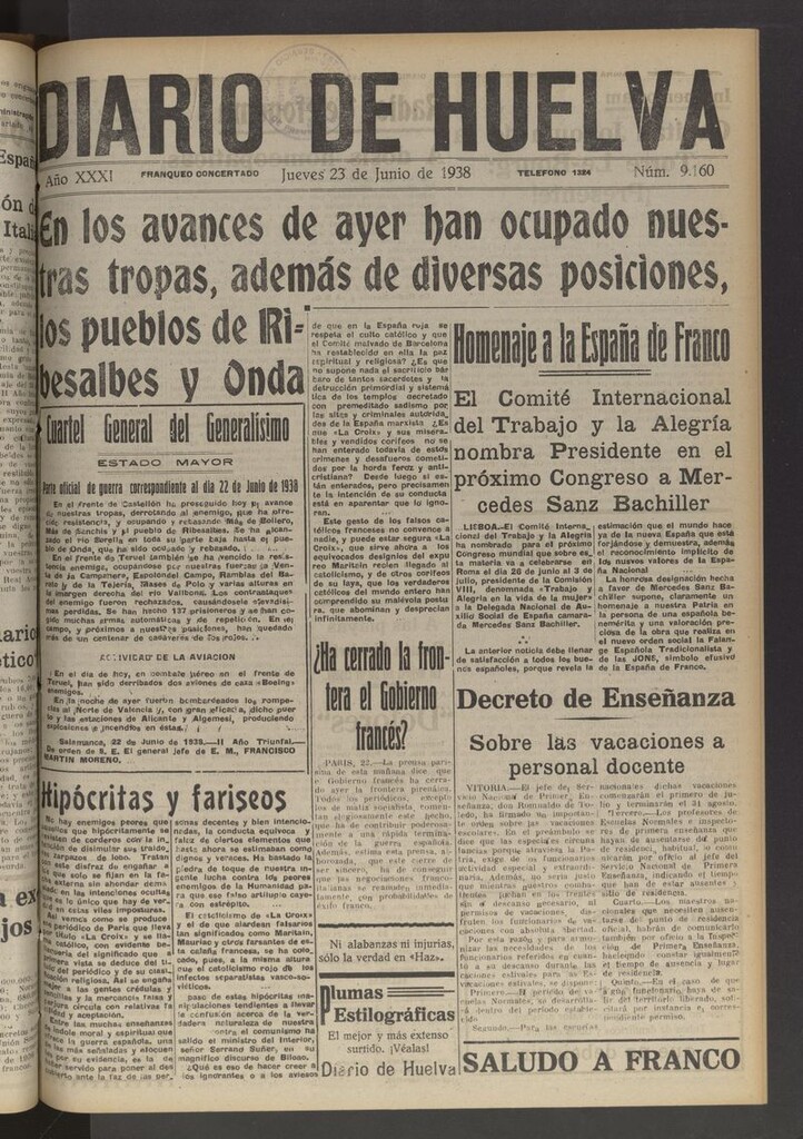 Miniatura de Diario de Huelva : periódico independiente del 23 de junio de 1938