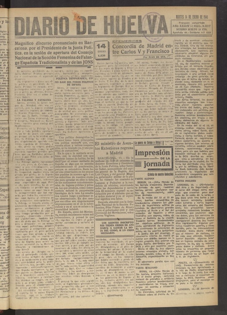 Miniatura de Diario de Huelva : periódico independiente del 14 de enero de 1941