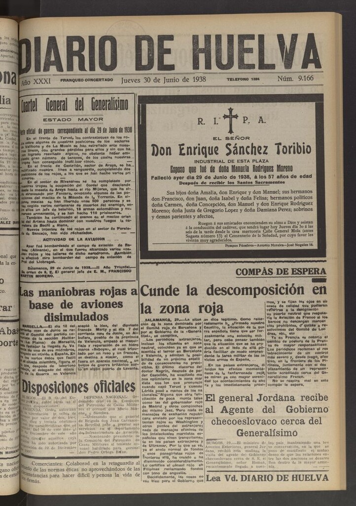 Miniatura de Diario de Huelva : periódico independiente del 30 de junio de 1938