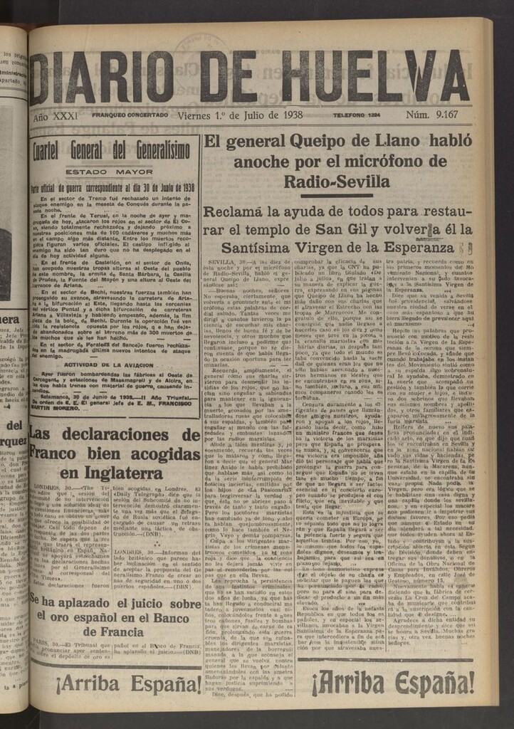 Miniatura de Diario de Huelva : periódico independiente del 1 de julio de 1938