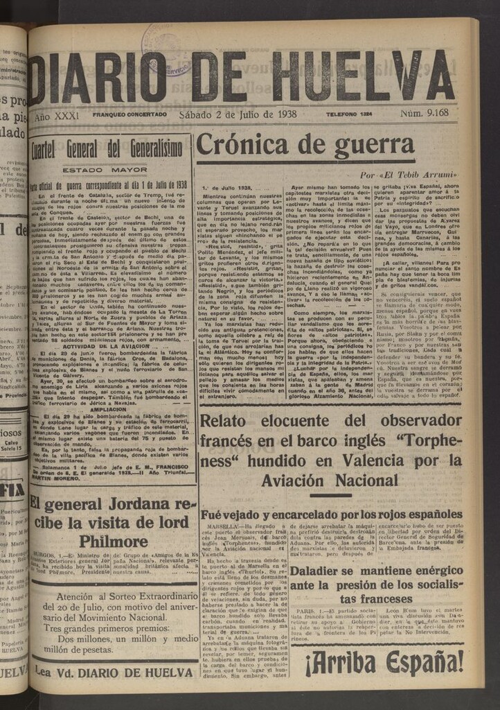 Miniatura de Diario de Huelva : periódico independiente del 2 de julio de 1938
