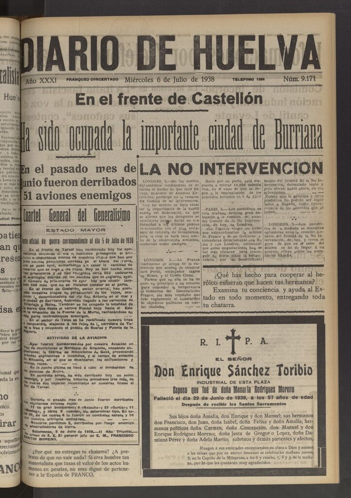 Miniatura de Diario de Huelva : periódico independiente del 6 de julio de 1938