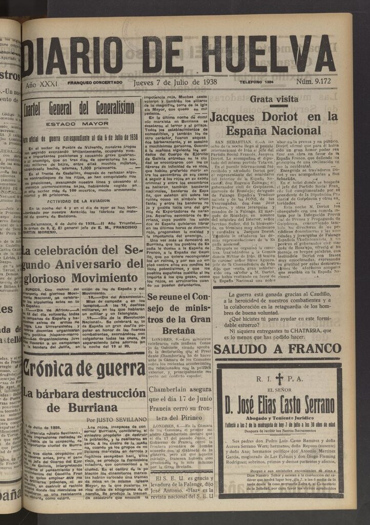 Miniatura de Diario de Huelva : periódico independiente del 7 de julio de 1938