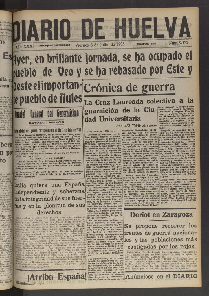 Miniatura de Diario de Huelva : periódico independiente del 8 de julio de 1938