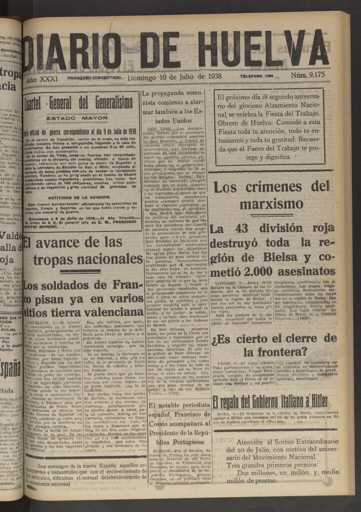 Miniatura de Diario de Huelva : periódico independiente del 10 de julio de 1938