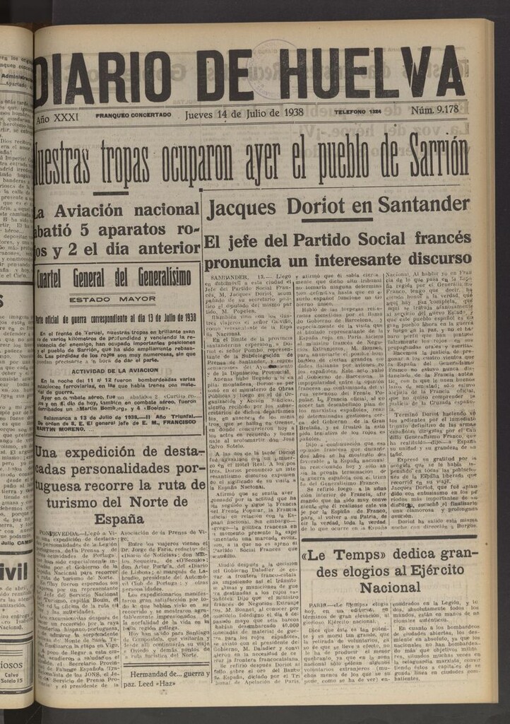 Miniatura de Diario de Huelva : periódico independiente del 14 de julio de 1938