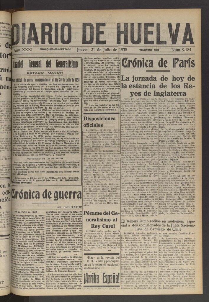 Miniatura de Diario de Huelva : periódico independiente del 21 de julio de 1938