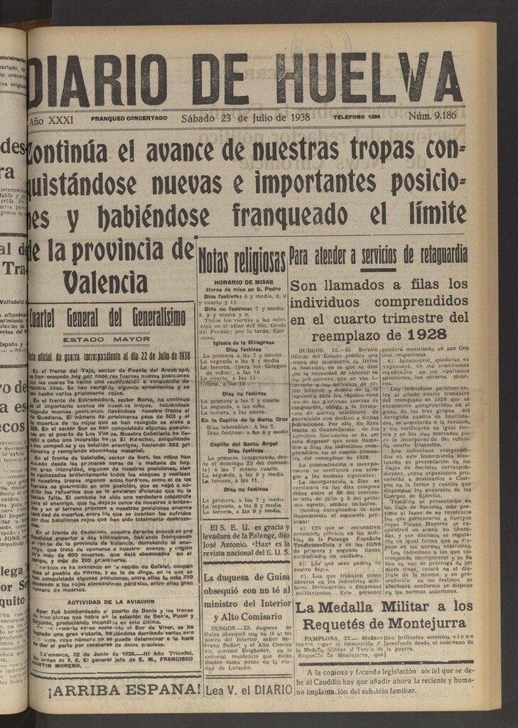 Miniatura de Diario de Huelva : periódico independiente del 23 de julio de 1938