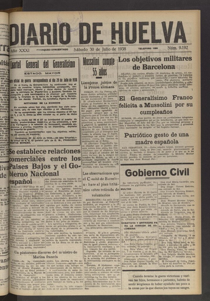 Miniatura de Diario de Huelva : periódico independiente del 30 de julio de 1938