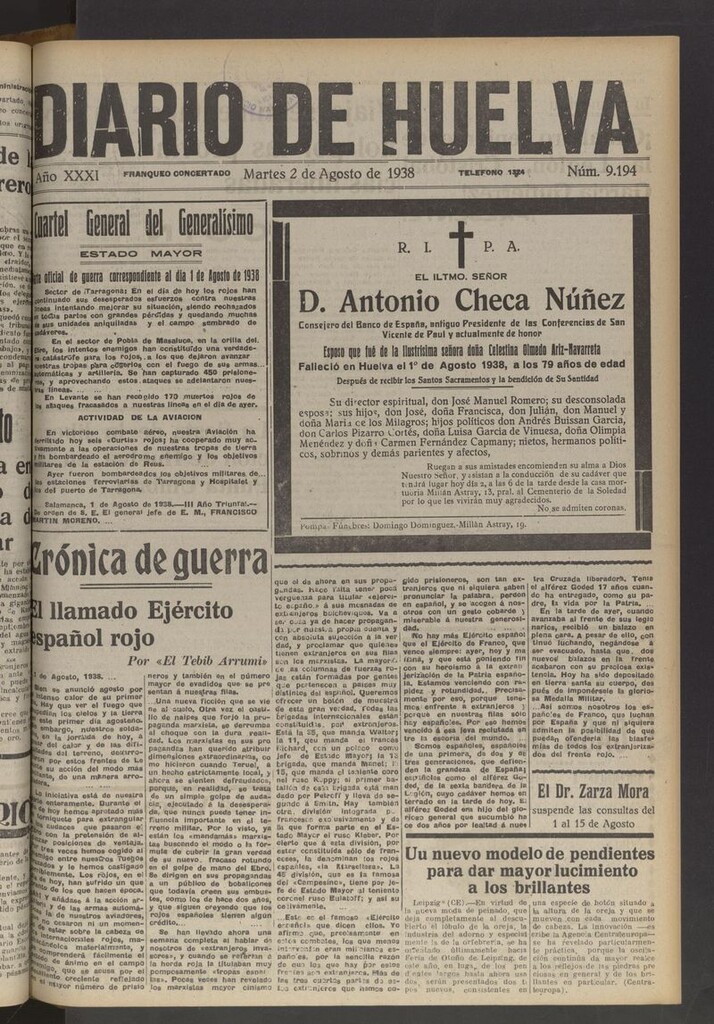 Miniatura de Diario de Huelva : periódico independiente del 2 de agosto de 1938
