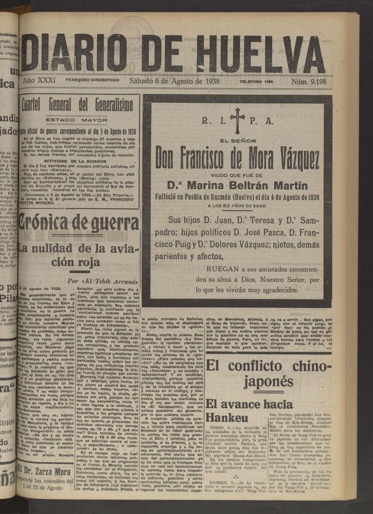 Miniatura de Diario de Huelva : periódico independiente del 6 de agosto de 1938