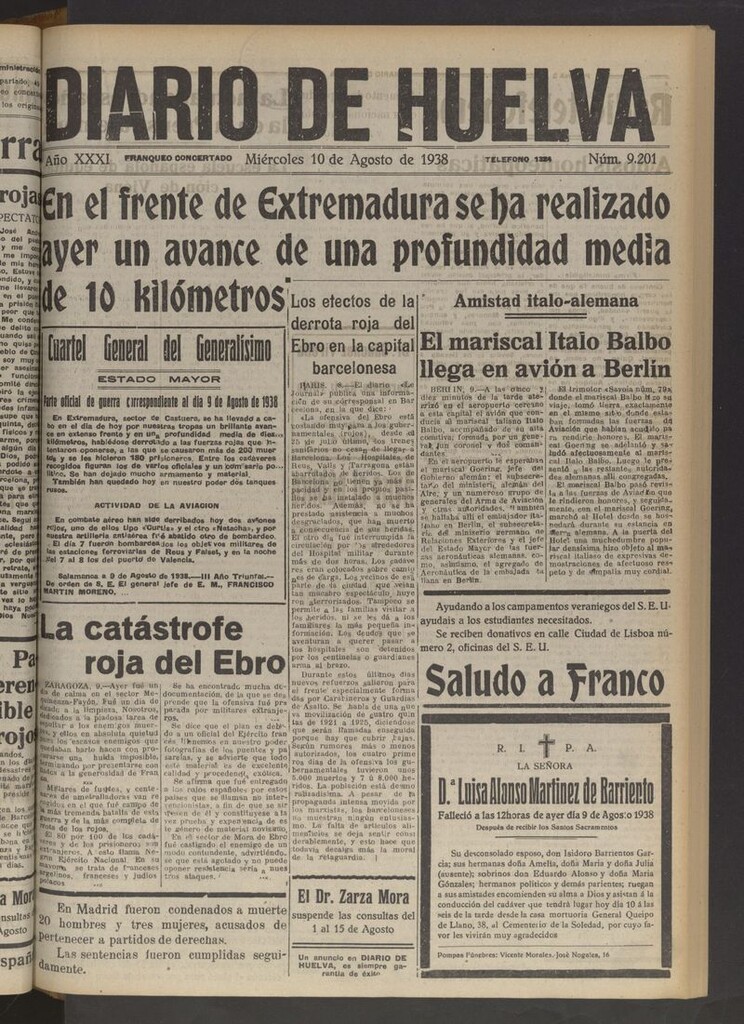Miniatura de Diario de Huelva : periódico independiente del 10 de agosto de 1938