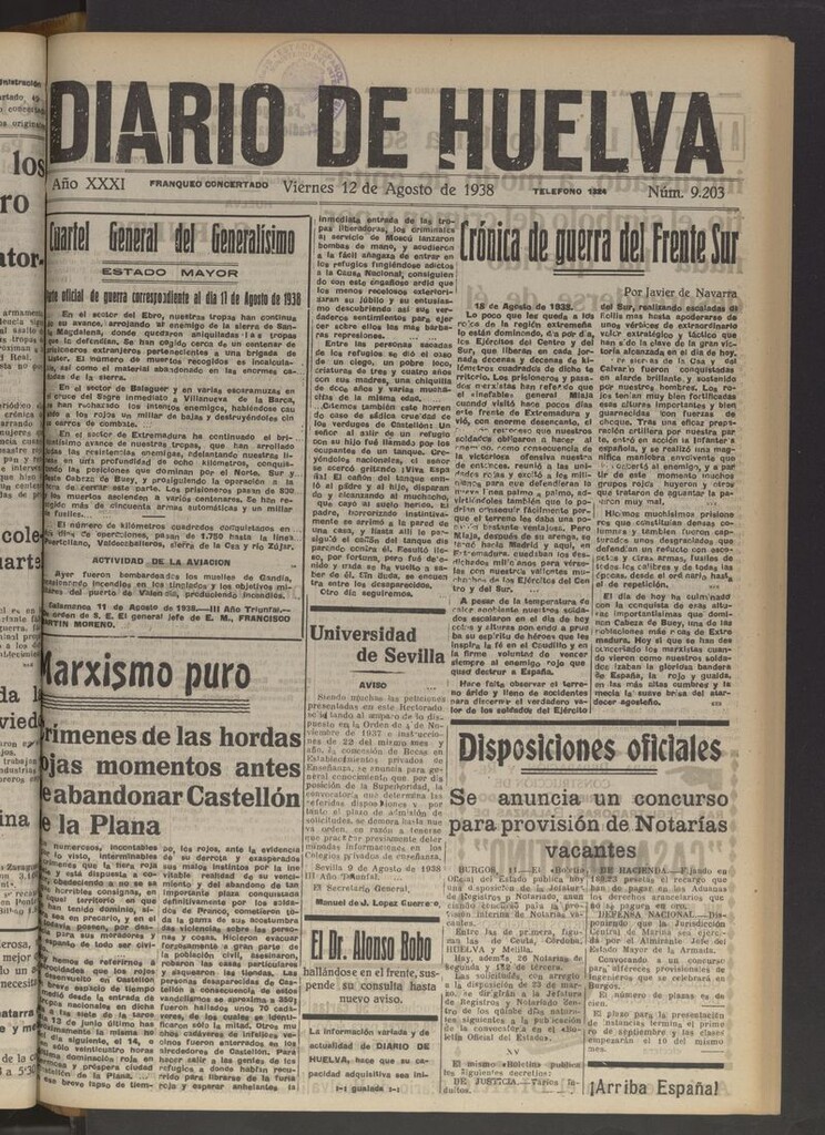 Miniatura de Diario de Huelva : periódico independiente del 12 de agosto de 1938