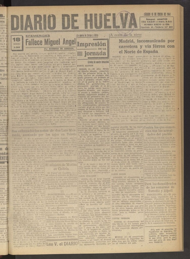 Miniatura de Diario de Huelva : periódico independiente del 18 de enero de 1941