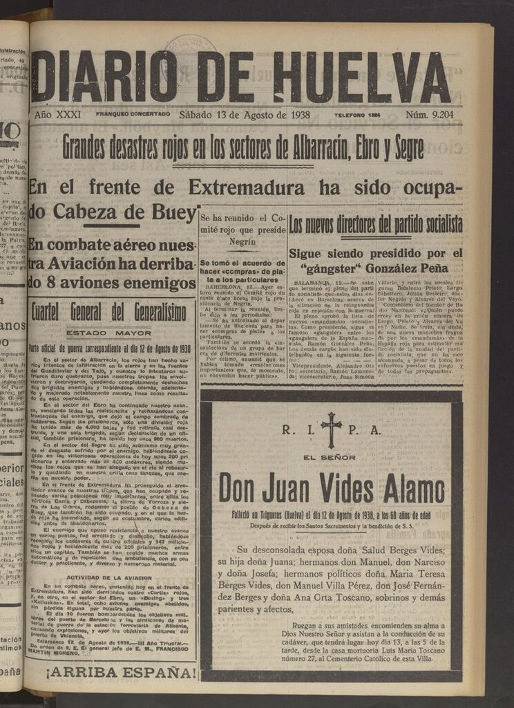 Miniatura de Diario de Huelva : periódico independiente del 13 de agosto de 1938