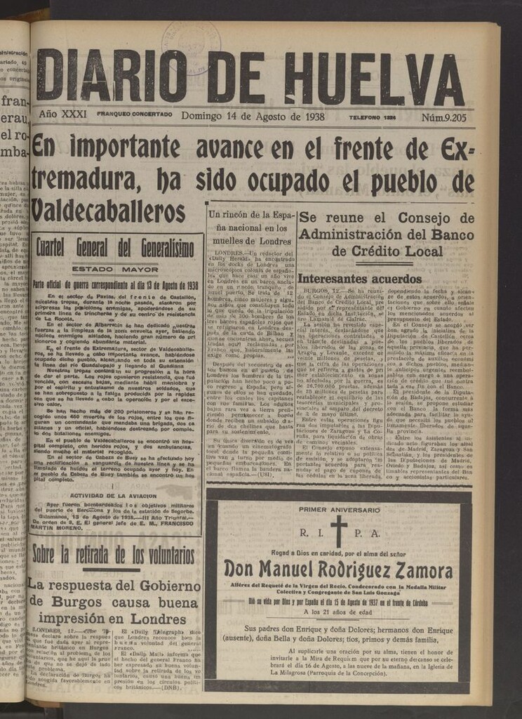 Miniatura de Diario de Huelva : periódico independiente del 14 de agosto de 1938