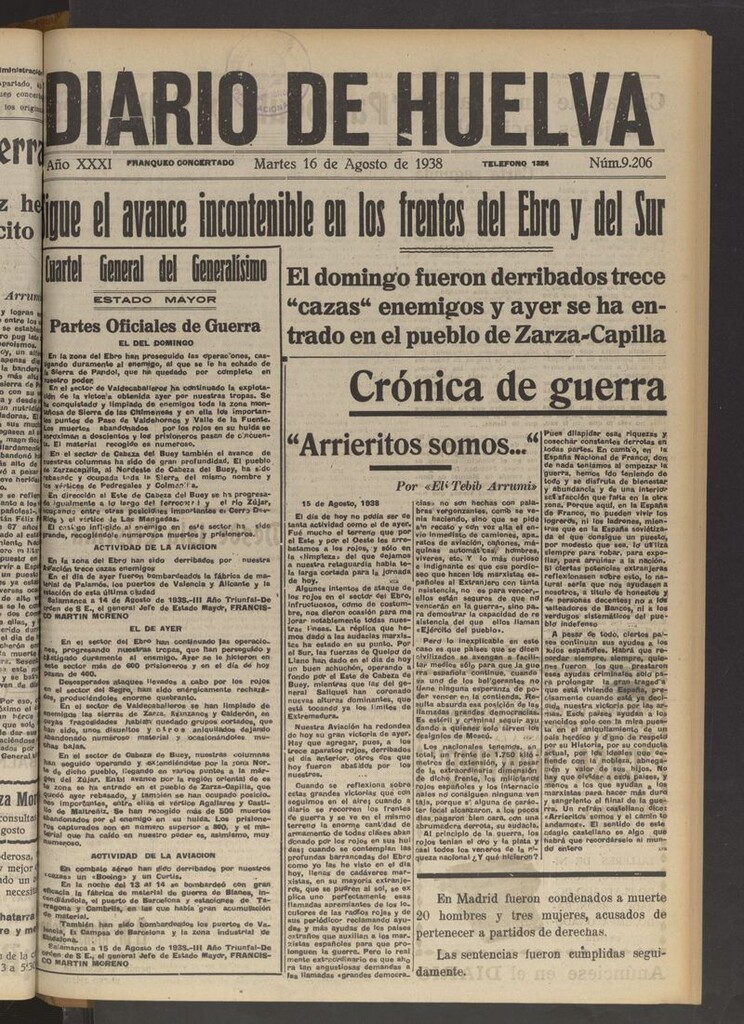 Miniatura de Diario de Huelva : periódico independiente del 16 de agosto de 1938